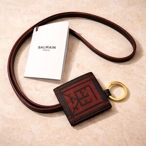 Balmain Key Chain Hand Strap Brown and Red Leather or  Lanyard